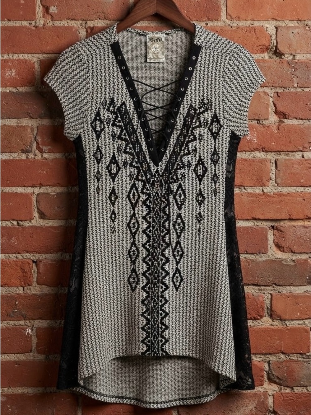 Vocal Black & White Aztec Lace-Up Tunic Top with a Little Bling
